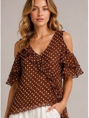 100% Silk Brown Polka Dot Ruffle Blouse Cold-Shoulder Top Romantic Feminine Sz M